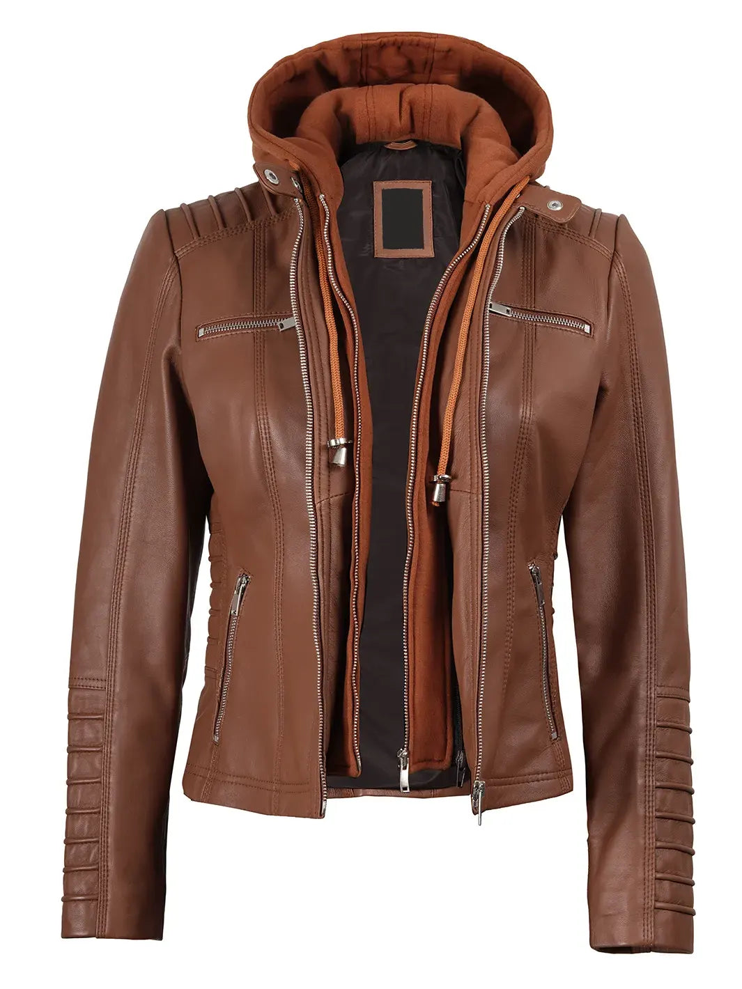 Women's Cognac Brown Leather Jacket With Removable Hood The Leather Fit