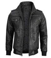 Men's Bomber Dark Grey Leather Jacket with Removable Hood The Leather Fit
