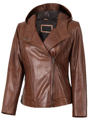Cidra Women Asymmetrical Brown Hooded Leather Jacket The Leather Fit