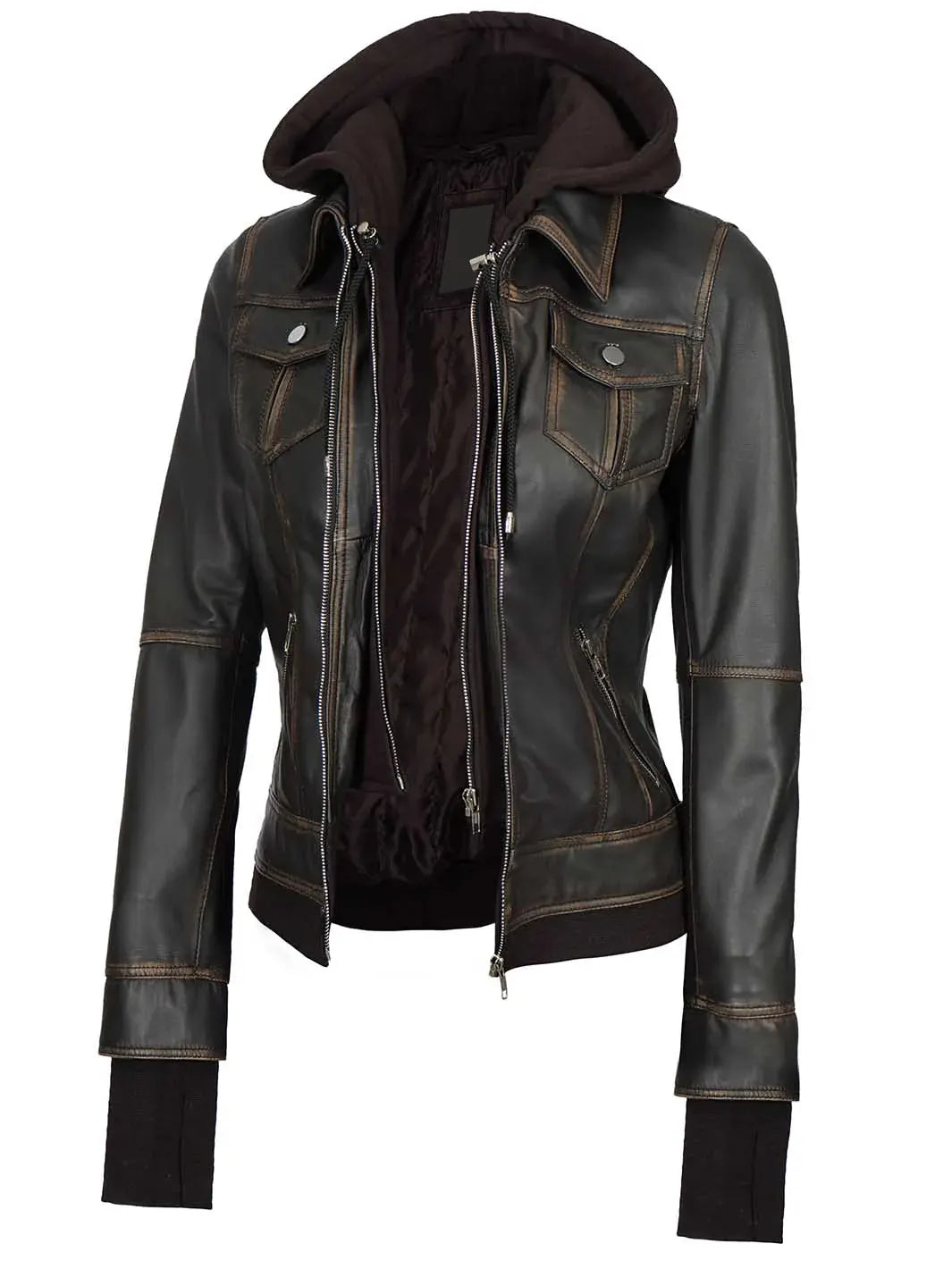 Tralee Women Dark Brown Bomber Leather Jacket With Removable Hood The Leather Fit