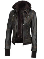 Tralee Women Dark Brown Bomber Leather Jacket With Removable Hood The Leather Fit