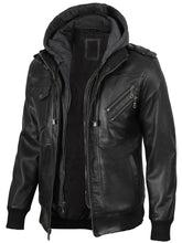 Men's Black Bomber Leather Jacket with Removable Hood The Leather Fit