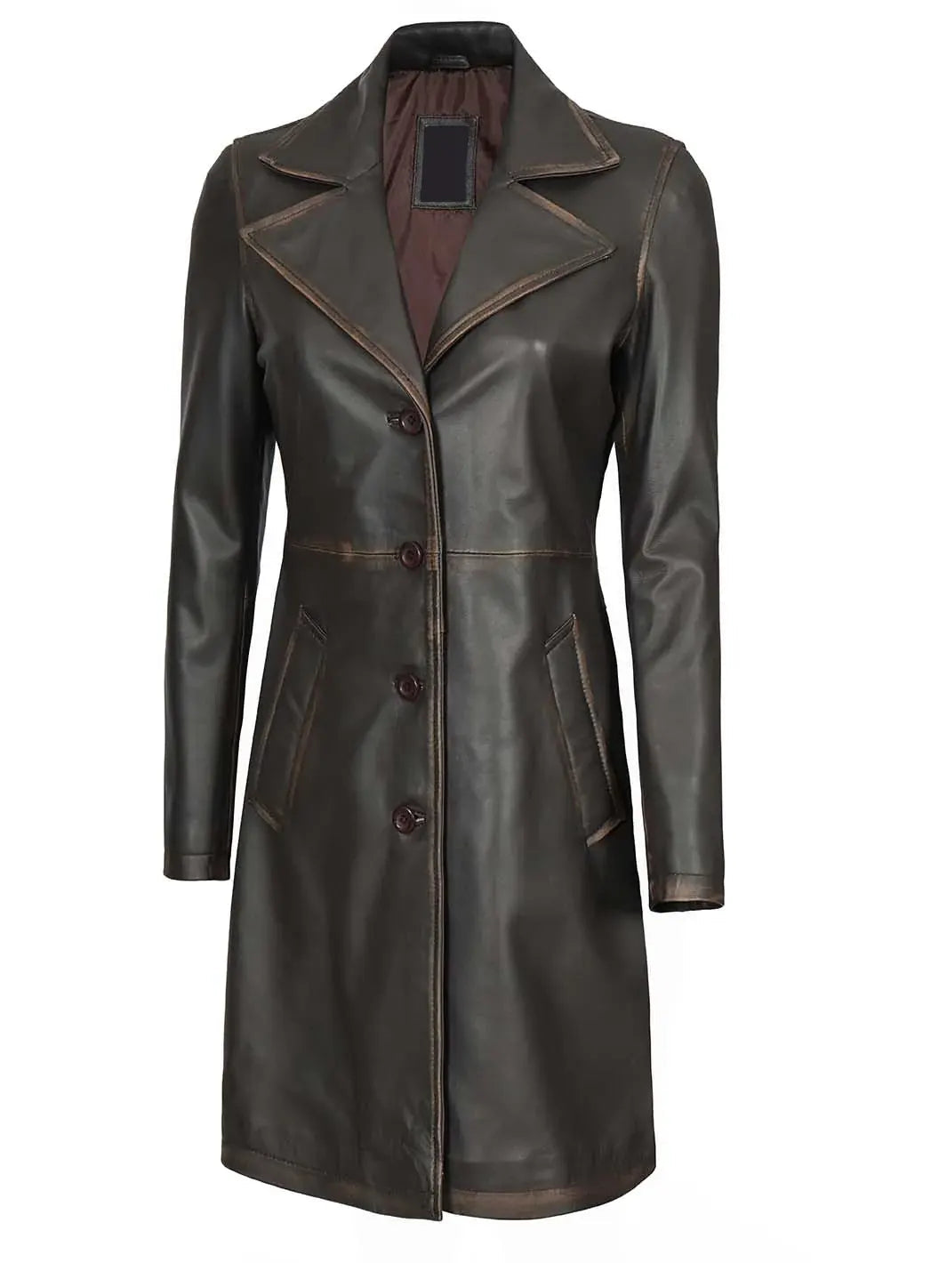Bryson Women's Rub Off Dark Brown Leather Long 3/4 Coat The Leather Fit