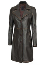 Bryson Women's Rub Off Dark Brown Leather Long 3/4 Coat The Leather Fit