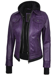 Women's Purple Leather Jacket with Removable Hood The Leather Fit