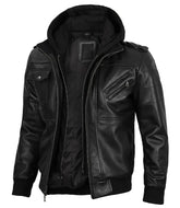 Edinburgh Mens Black Bomber Leather Jacket With Removable Hood The Leather Fit