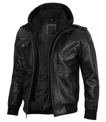 Edinburgh Mens Black Bomber Leather Jacket With Removable Hood The Leather Fit