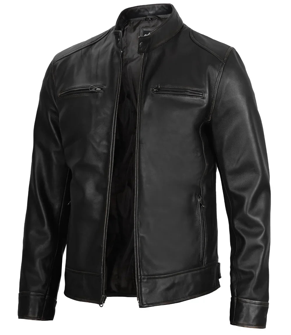 Dodge Men's Black Cafe Racer Leather Jacket The Leather Fit