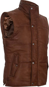 Men’s Brown Puffer Leather Vest The Leather Fit