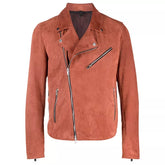 Mens Orange Suede Moto Asymmetrical Collar Jacket The Leather Fit