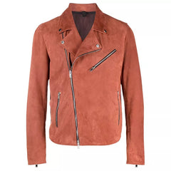 Mens Orange Suede Moto Asymmetrical Collar Jacket The Leather Fit
