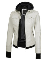 Womens Off White Biker Style Leather Jacket with Hood The Leather Fit