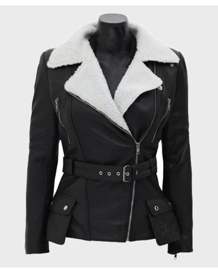 Natalie Shearling Leather Black Belted Biker Jacket The Leather Fit