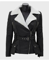 Natalie Shearling Leather Black Belted Biker Jacket The Leather Fit