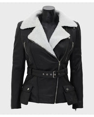 Natalie Shearling Leather Black Belted Biker Jacket The Leather Fit