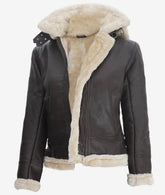 Womens Dark Brown Hooded Shearling Leather Jacket The Leather Fit