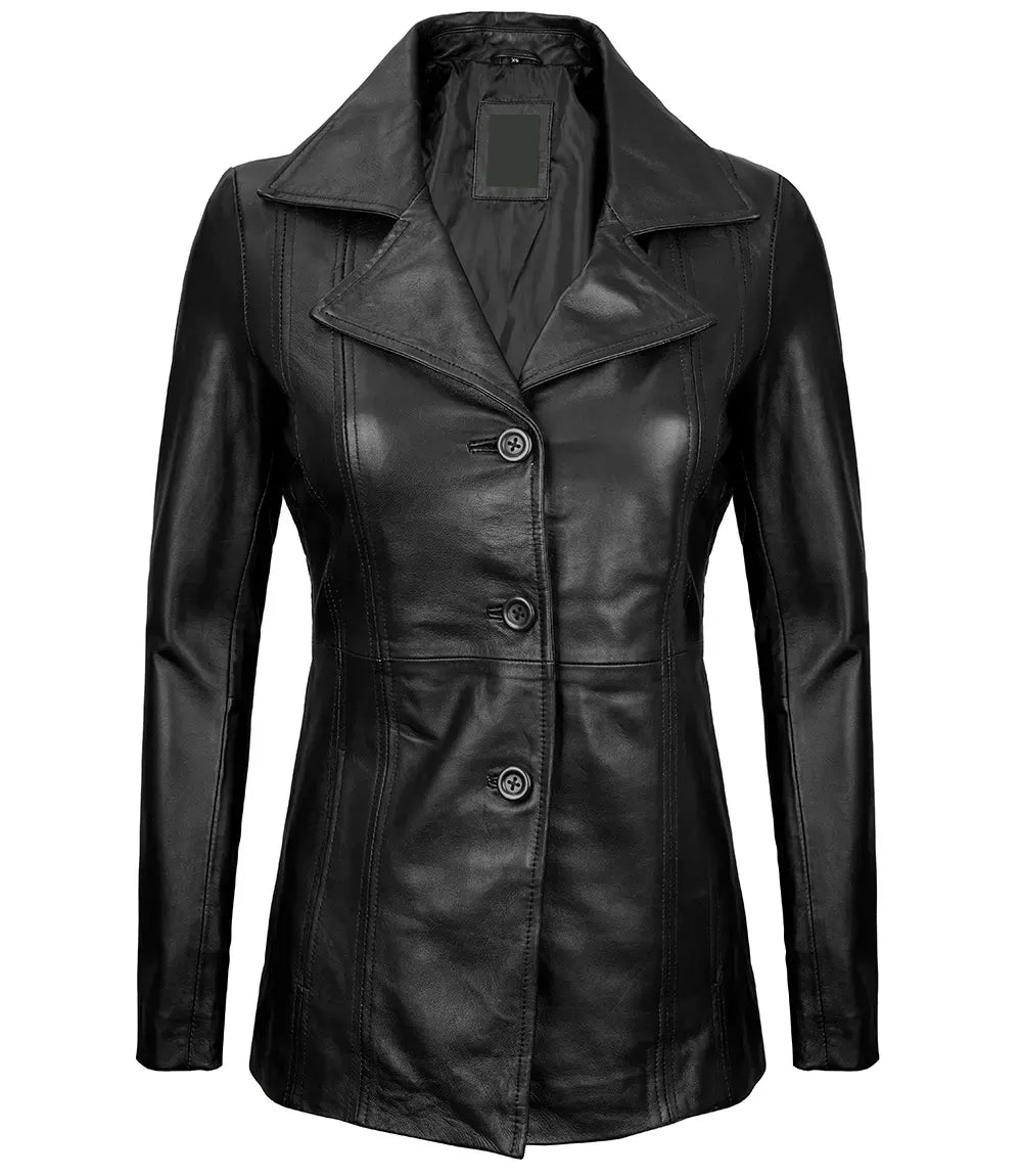 Womens Black Leather Blazer with Three Button The Leather Fit