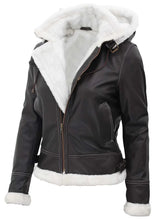 Womens Shearling Dark Brown Bomber Leather Jacket with Removable Hood The Leather Fit