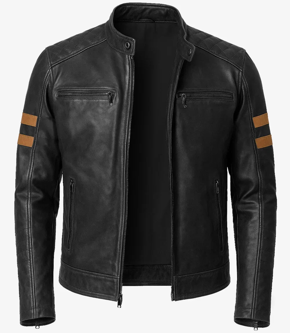 Mens Black Biker Style Leather Jacket with Tan Accent Stripes The Leather Fit