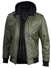 Men's Military Green Leather Jacket with Removable Hood The Leather Fit