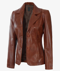 Women's Two Button Cognac Leather Blazer The Leather Fit