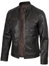 Dodge Men's Rub-Off Dark Brown Cafe Racer Leather Jacket The Leather Fit