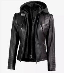 Women's Black Leather Jacket With Removable Hood The Leather Fit