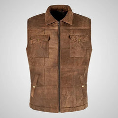 Men’s Brown Buff Padded Leather Vest The Leather Fit