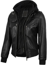 Edinburgh Women's Bomber Black Leather Jacket with Removable Hood The Leather Fit
