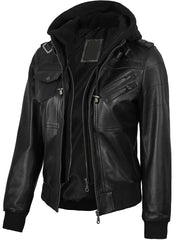 Edinburgh Women's Bomber Black Leather Jacket with Removable Hood The Leather Fit
