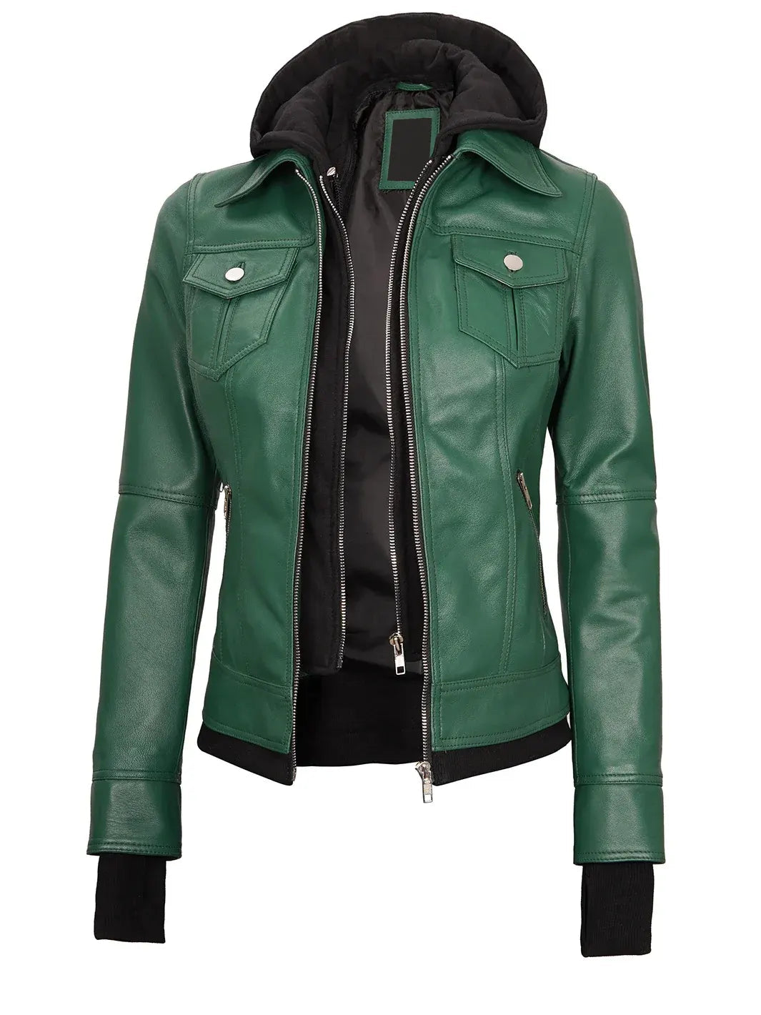 Tralee Women's Green Real Leather Jacket with Hood The Leather Fit