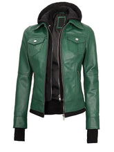 Tralee Women's Green Real Leather Jacket with Hood The Leather Fit