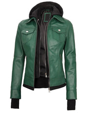 Tralee Women's Green Real Leather Jacket with Hood The Leather Fit