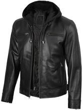 Men's Black Biker Style Leather Jacket with Removable Hood The Leather Fit