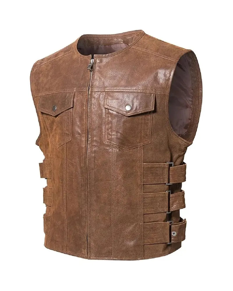 Men’s Brown Real Leather Motorcycle Vest The Leather Fit