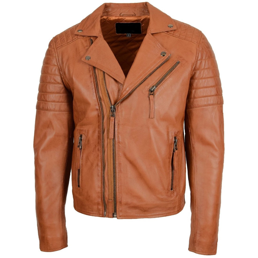 Mens Tan Biker Genuine Leather Jacket The Leather Fit