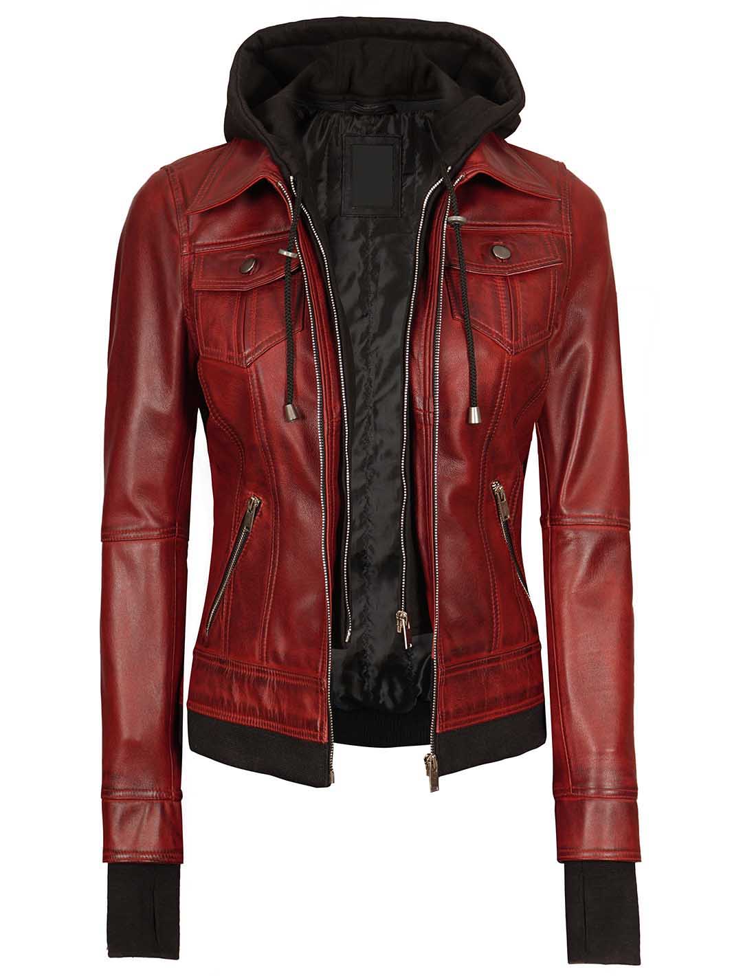 Tralee Women's Maroon Bomber Leather Jacket with Hood The Leather Fit