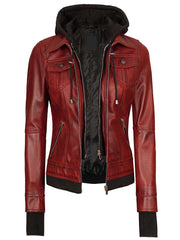 Tralee Women's Maroon Bomber Leather Jacket with Hood The Leather Fit