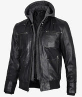 Mens Black Bomber Leather Jacket with Removable Hood The Leather Fit