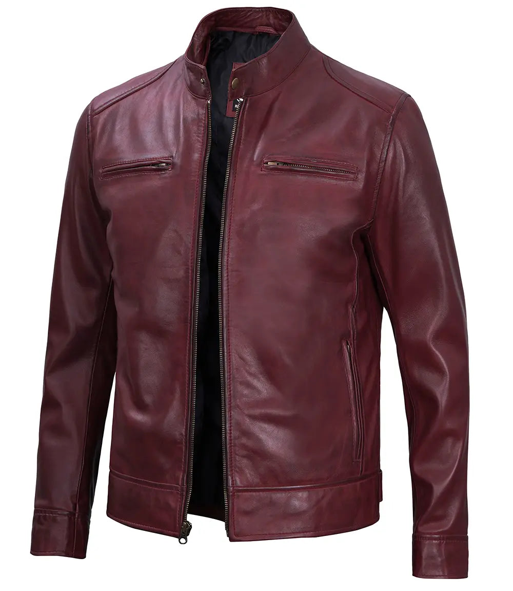Dodge Men's Burgundy Cafe Racer Leather Jacket The Leather Fit