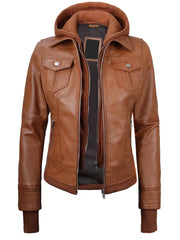 Tralee Womens Tan Wax Bomber Leather Jacket With Removable Hood The Leather Fit