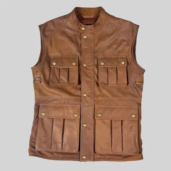 Men’s Multi Pocket Brown Leather Vest The Leather Fit