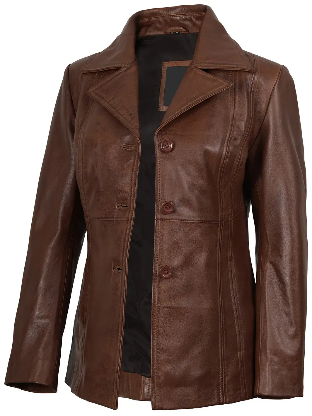 Women's Three Button Cognac Brown Leather Blazer The Leather Fit