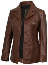 Women's Three Button Cognac Brown Leather Blazer The Leather Fit