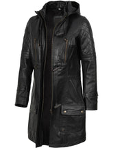 Women’s Black 3/4 Length Leather Coat With Hood The Leather Fit