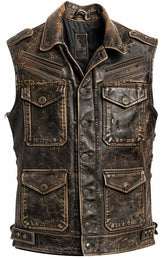 Men Strap Pockets Distressed Brown Leather Vest The Leather Fit