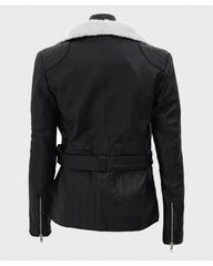 Natalie Shearling Leather Black Belted Biker Jacket The Leather Fit