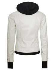 Womens Off White Biker Style Leather Jacket with Hood The Leather Fit