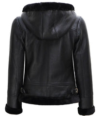 Womens Black Leather Hooded Shearling Jacket The Leather Fit