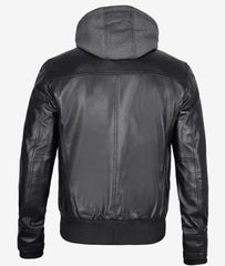 Mens Black Bomber Leather Jacket with Removable Hood The Leather Fit